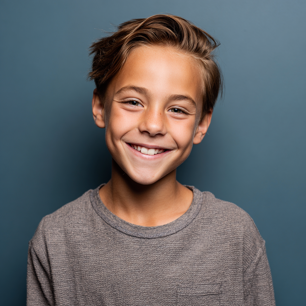 Smiling boy in a gray shirt against a blue background