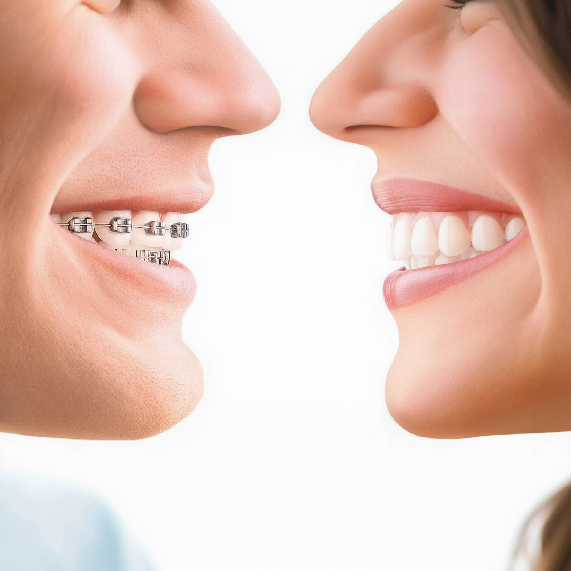 Close-up of two smiling faces: one with braces, the other with straight, white teeth.