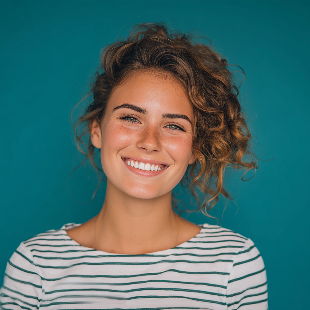 Woman with curly brown hair, freckles, and a wide smile, wearing a striped shirt against a teal background.