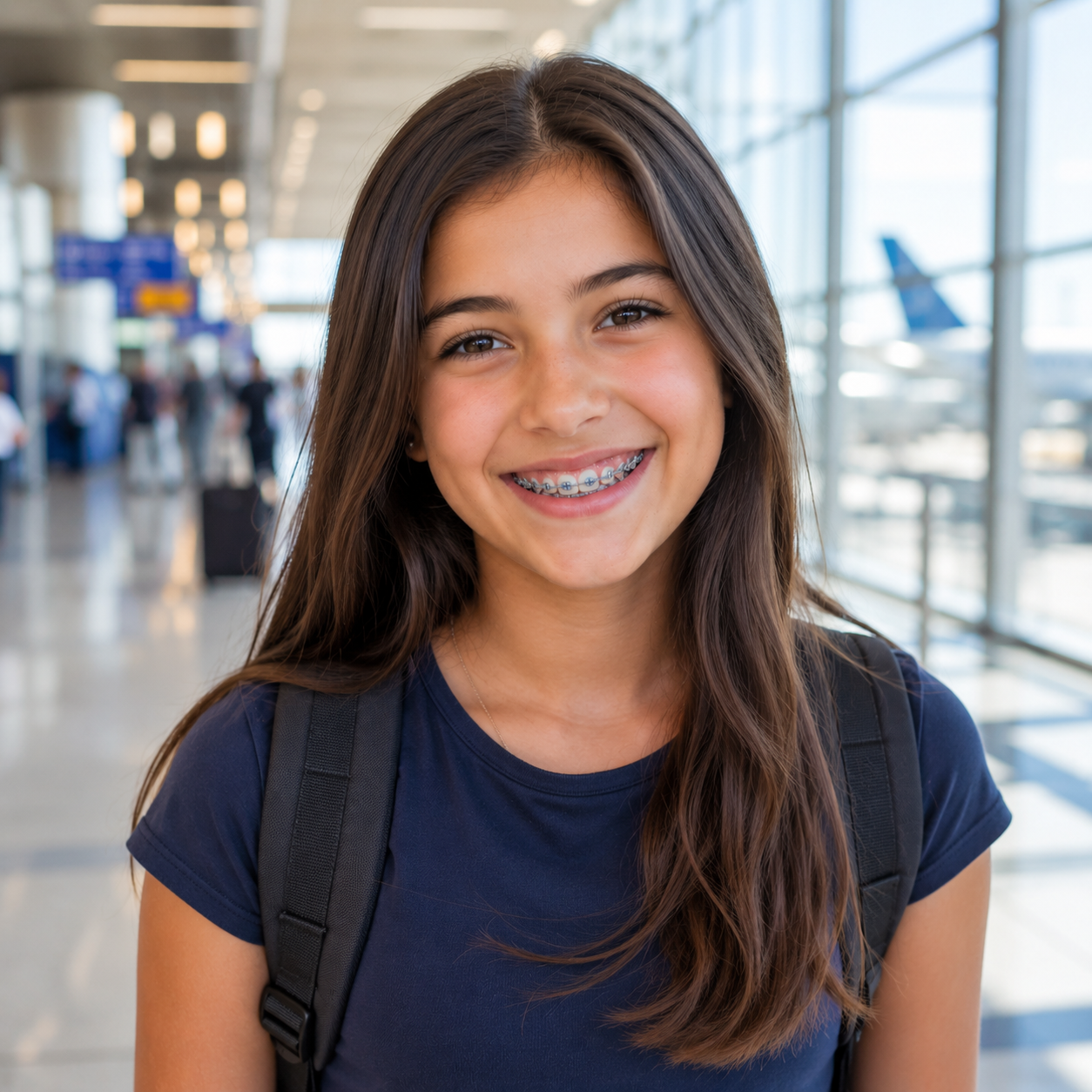 Smiling student with braces and backpack in an airport terminal