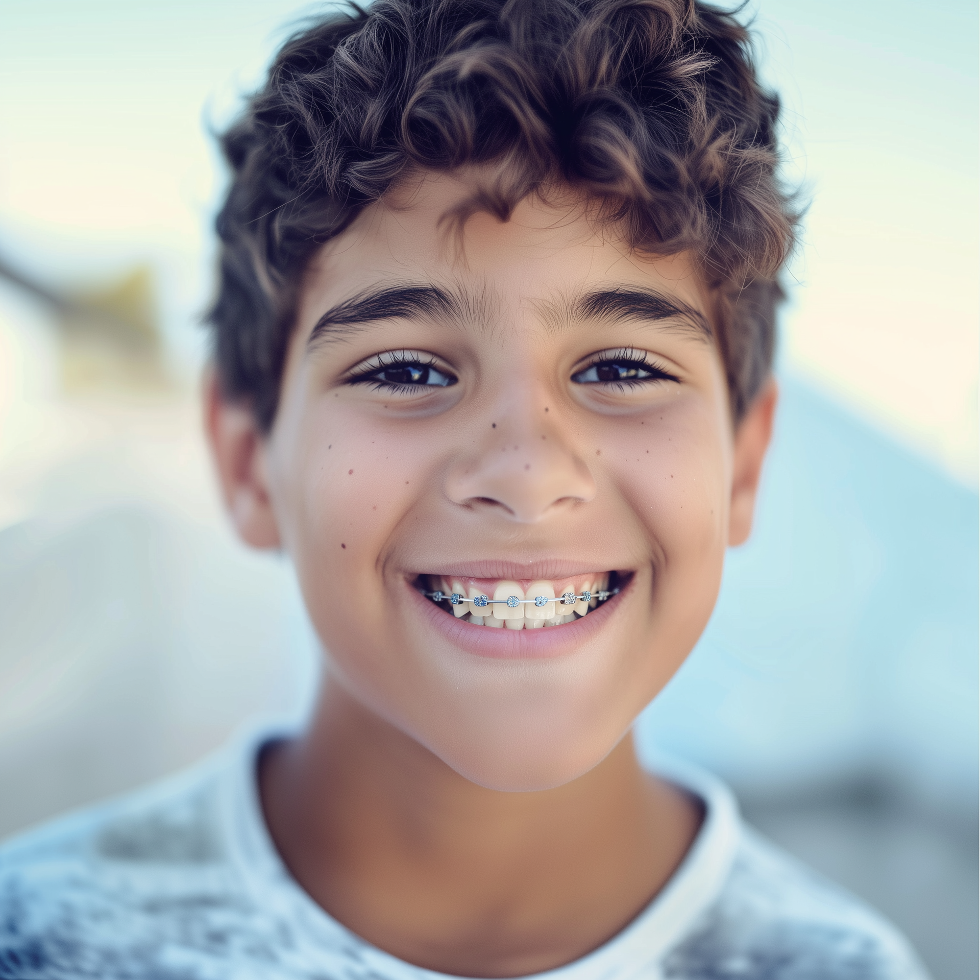 Smiling child with curly hair and braces outdoors against a bright, blurred background