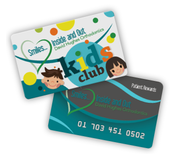 Two orthodontics reward cards. One features cartoon children and