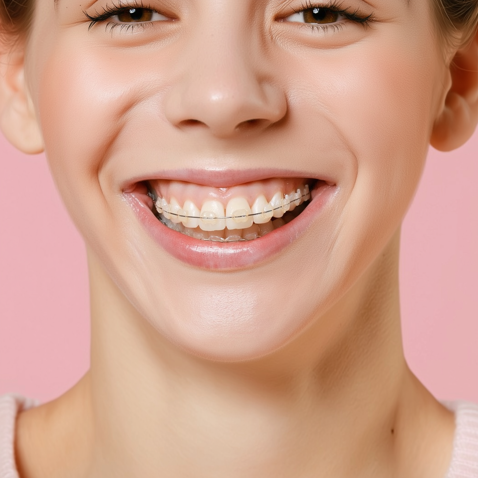 Person smiling with clear braces on teeth against a pink background.