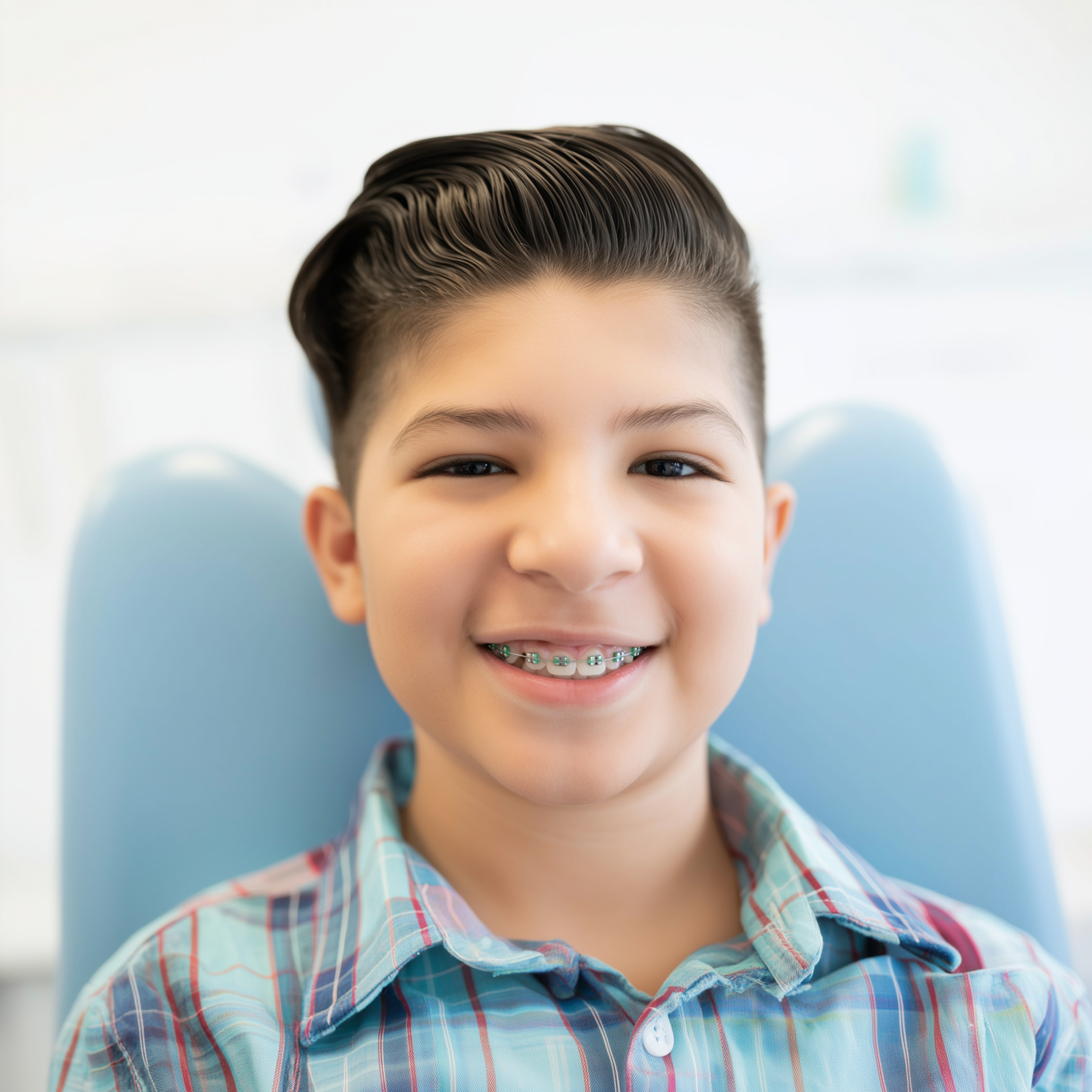 A smiling person with braces and styled dark hair, sitting in a light blue dental chair.