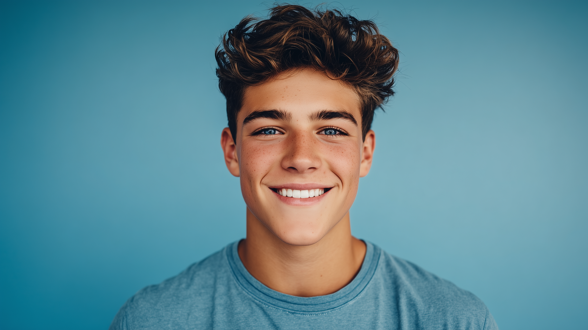 Smiling person with dark hair against a blue background, wearing a blue shirt.