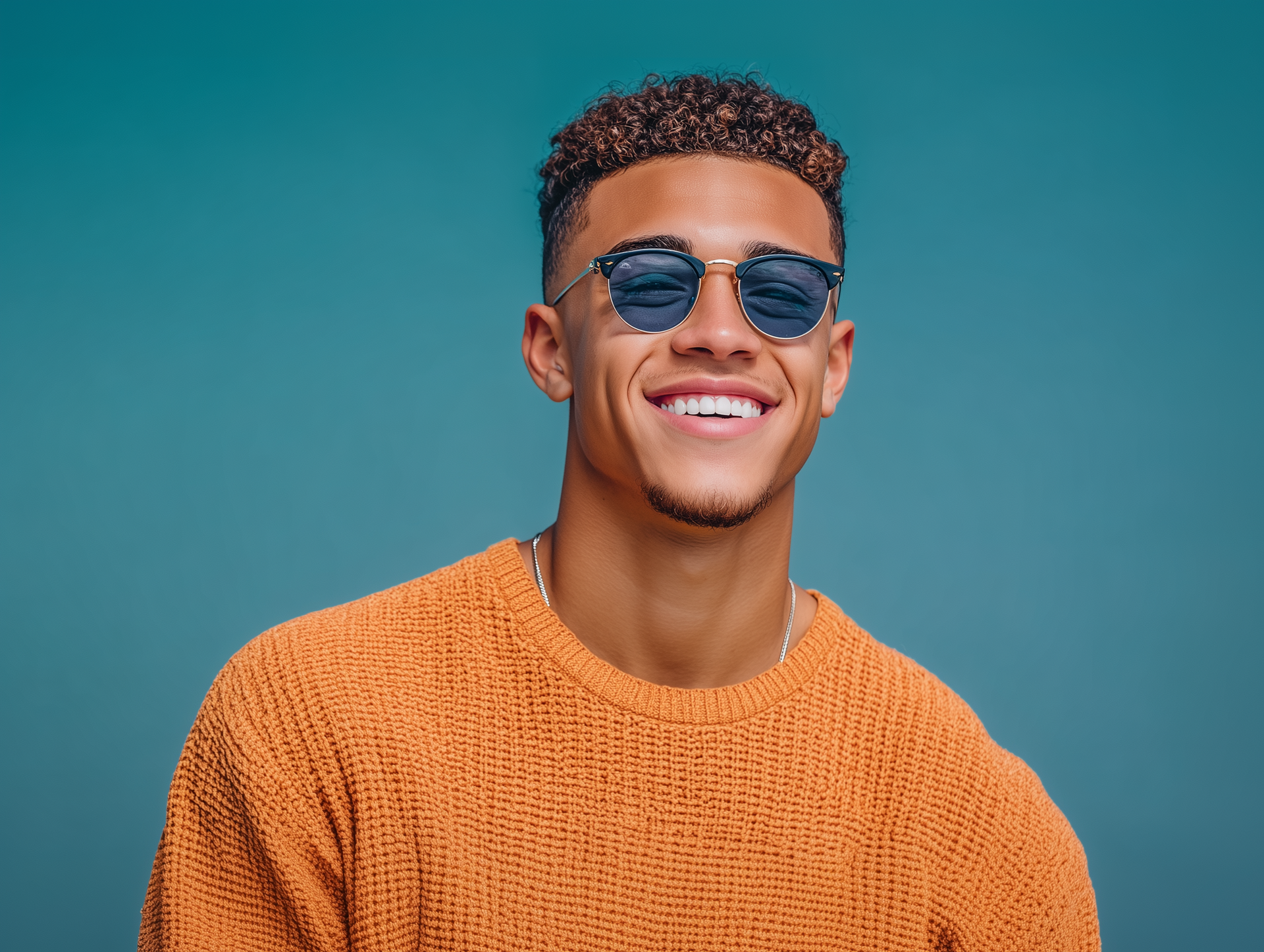 Man wearing sunglasses smiles, orange sweater, against a teal backdrop.