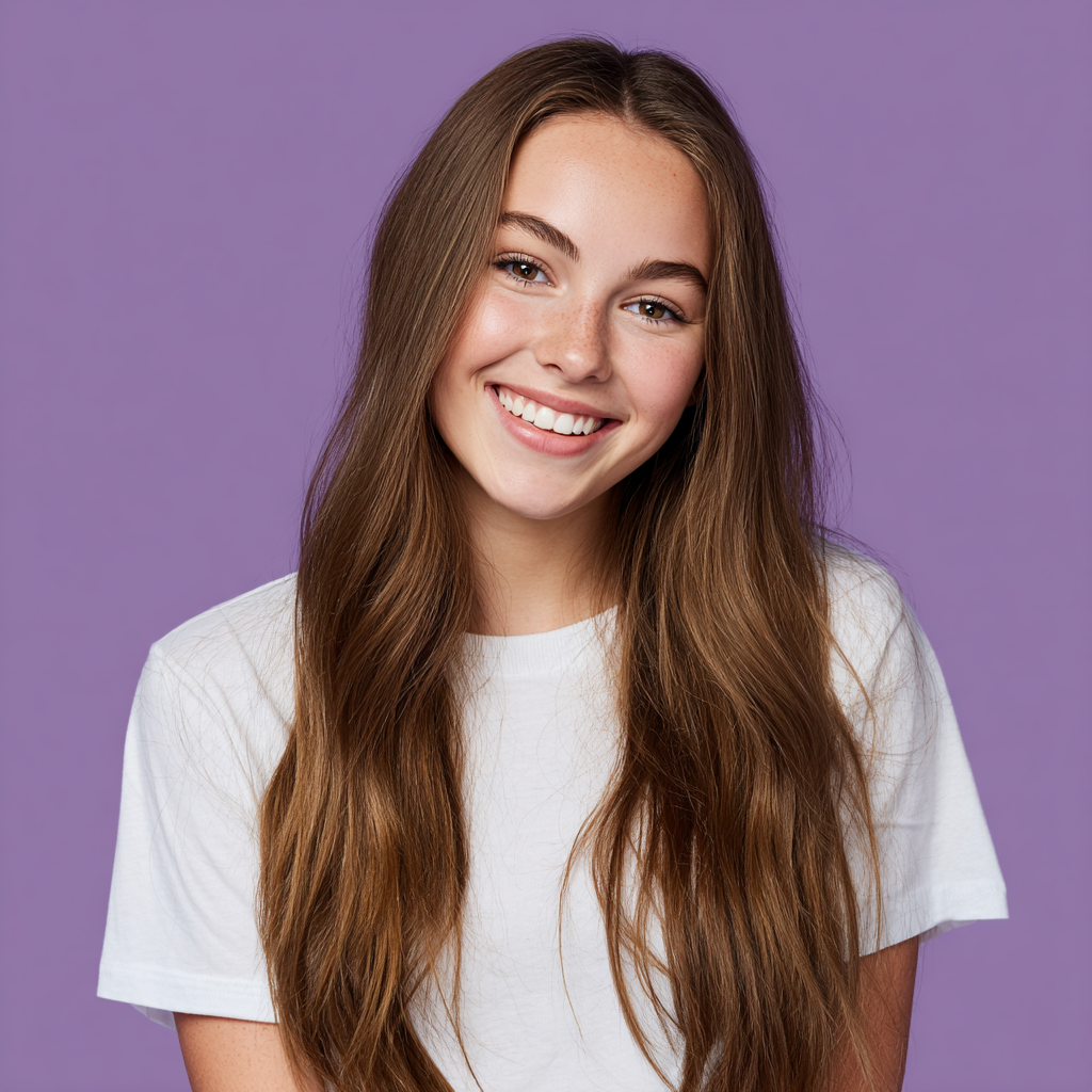 Young person with long brown hair smiles widely against a purple background, wearing a white t-shirt.
