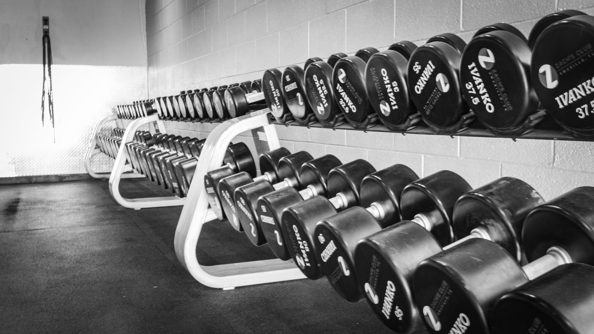 Dumbbell rack and free weights at Fitness @ KT Black personal training studio in Amarillo