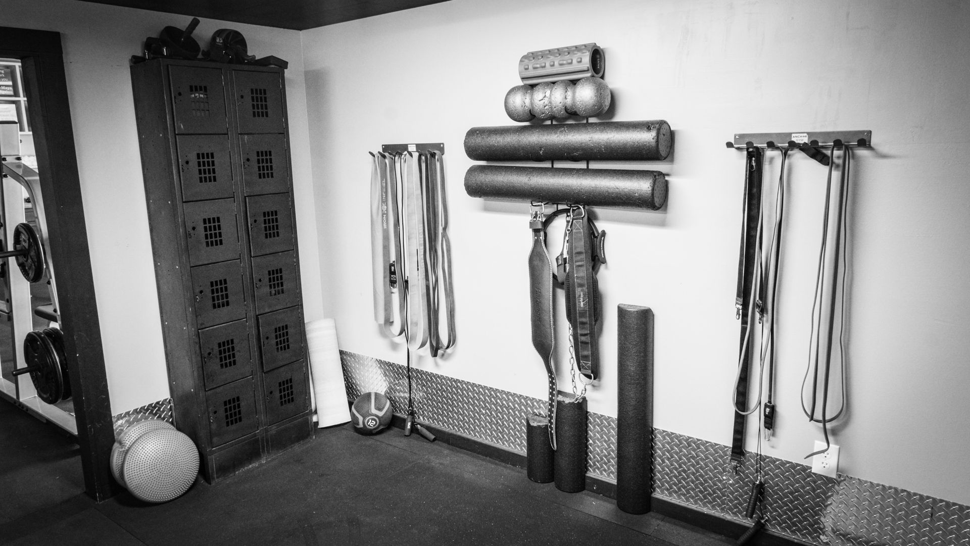 Recovery and mobility area with foam rollers and bands at Fitness @ KT Black, Amarillo TX