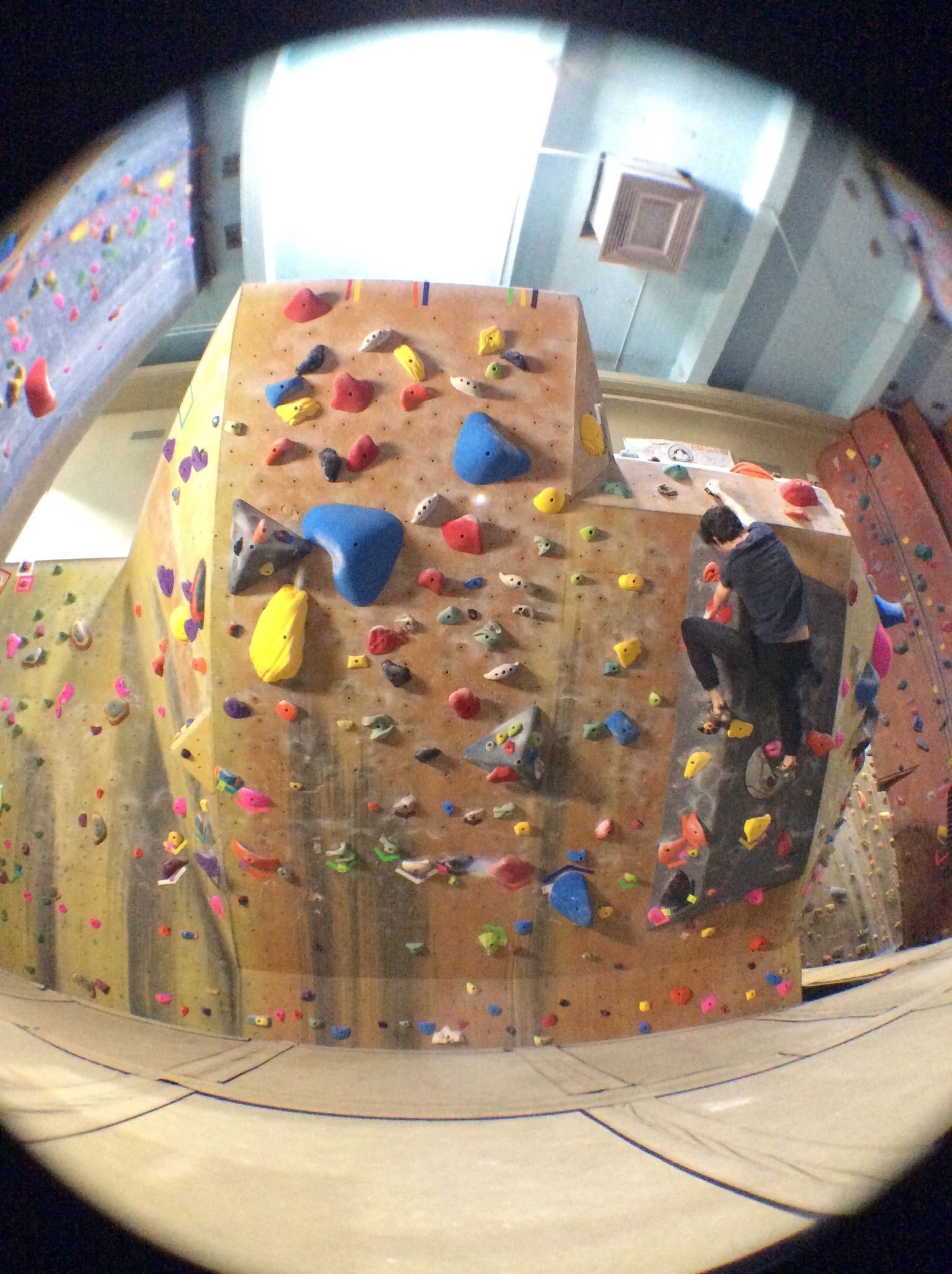 A person is climbing a climbing wall in a room