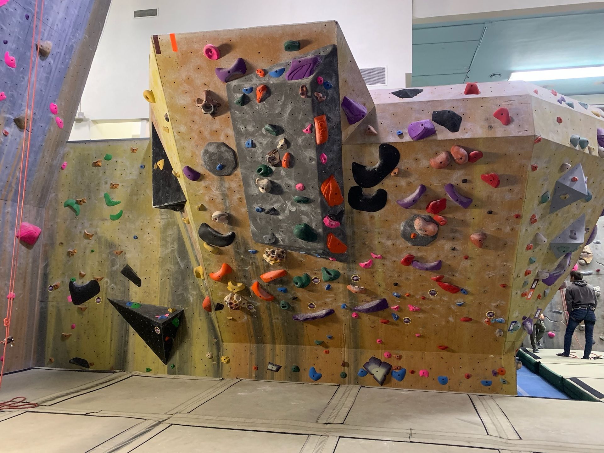 A man is standing in front of a large climbing wall.