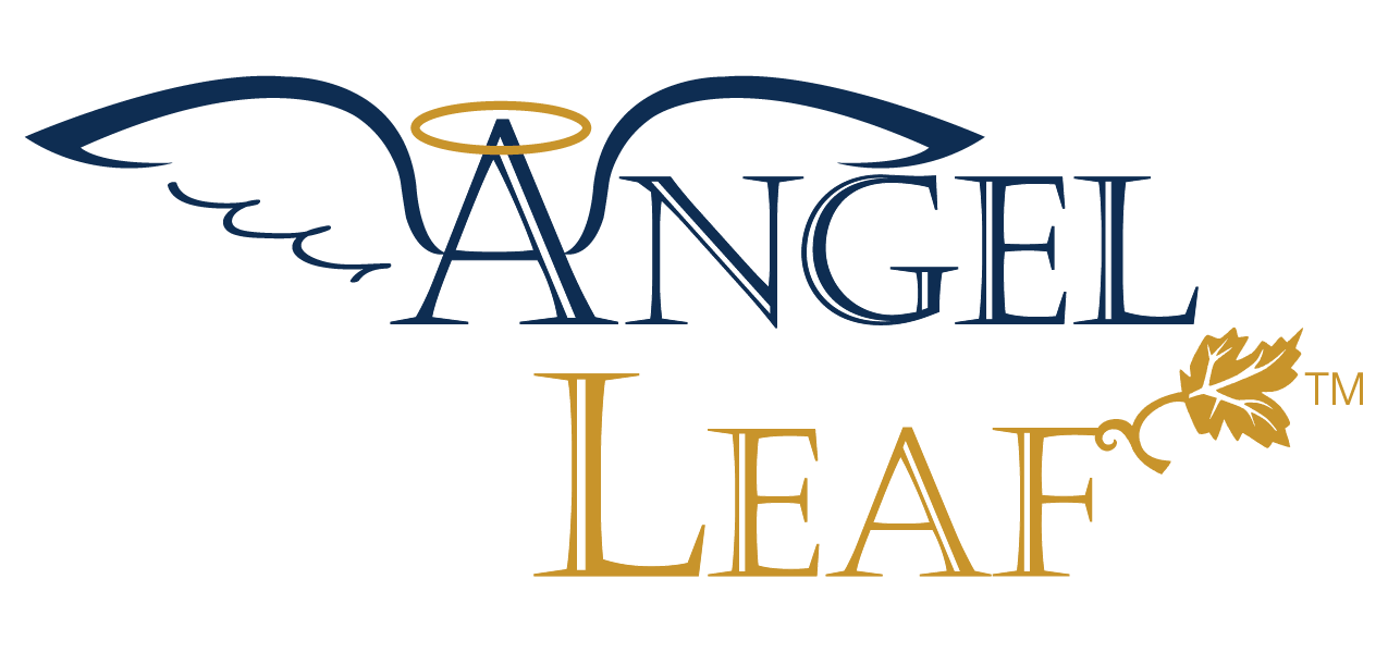 the logo for angel leaf shows an angel with wings and a halo .