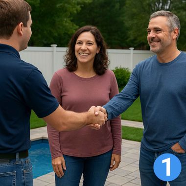 Three people shake hands outdoors, smiling near a fence and sidewalk.