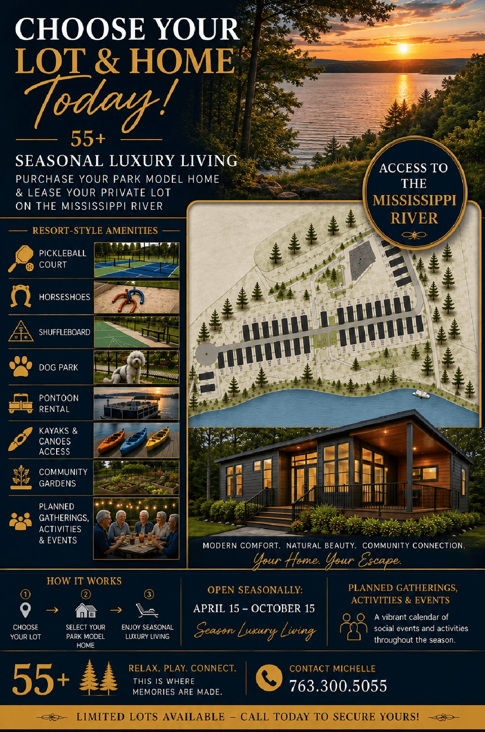 Real estate flyer for luxury lots and homes, with map, cabin renderings, and sunset landscape.