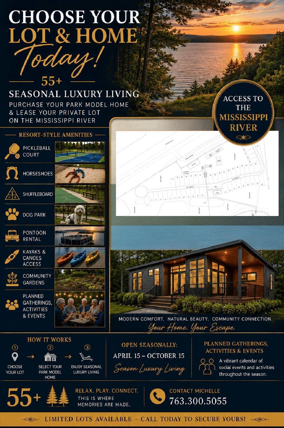 Real estate flyer for luxury lots and homes, with map, cabin renderings, and sunset landscape.