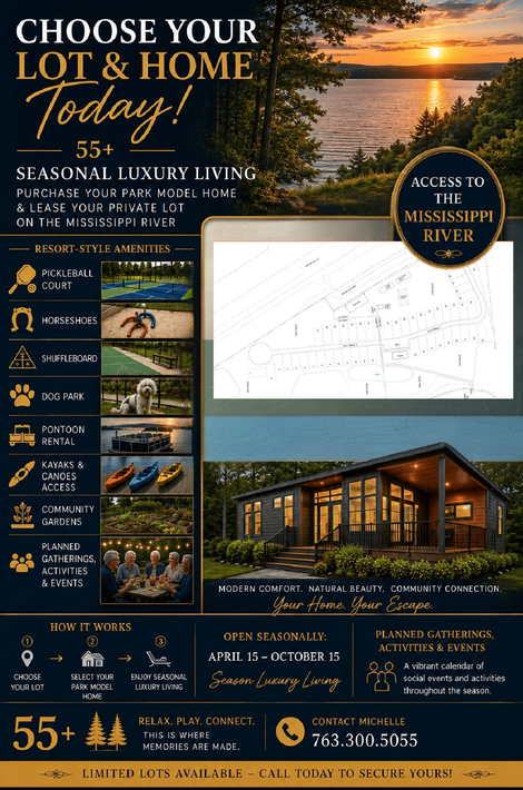 Real estate flyer for luxury lots and homes, with map, cabin renderings, and sunset landscape.