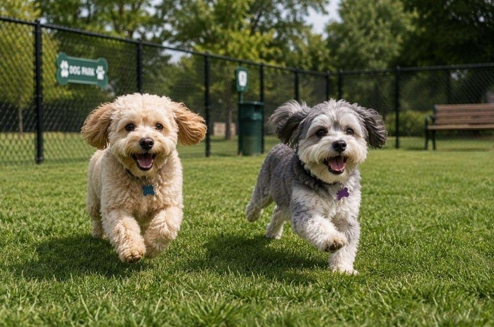 Light-colored dog barking on grass in a sunny park