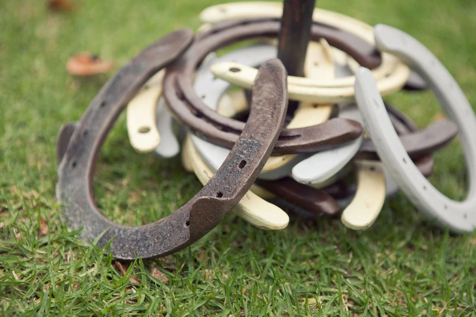 Pile of worn horseshoes on grass