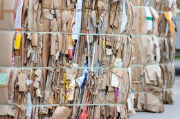 Stacks of bundled cardboard and paper scrap stored in a recycling facility, tied with straps.