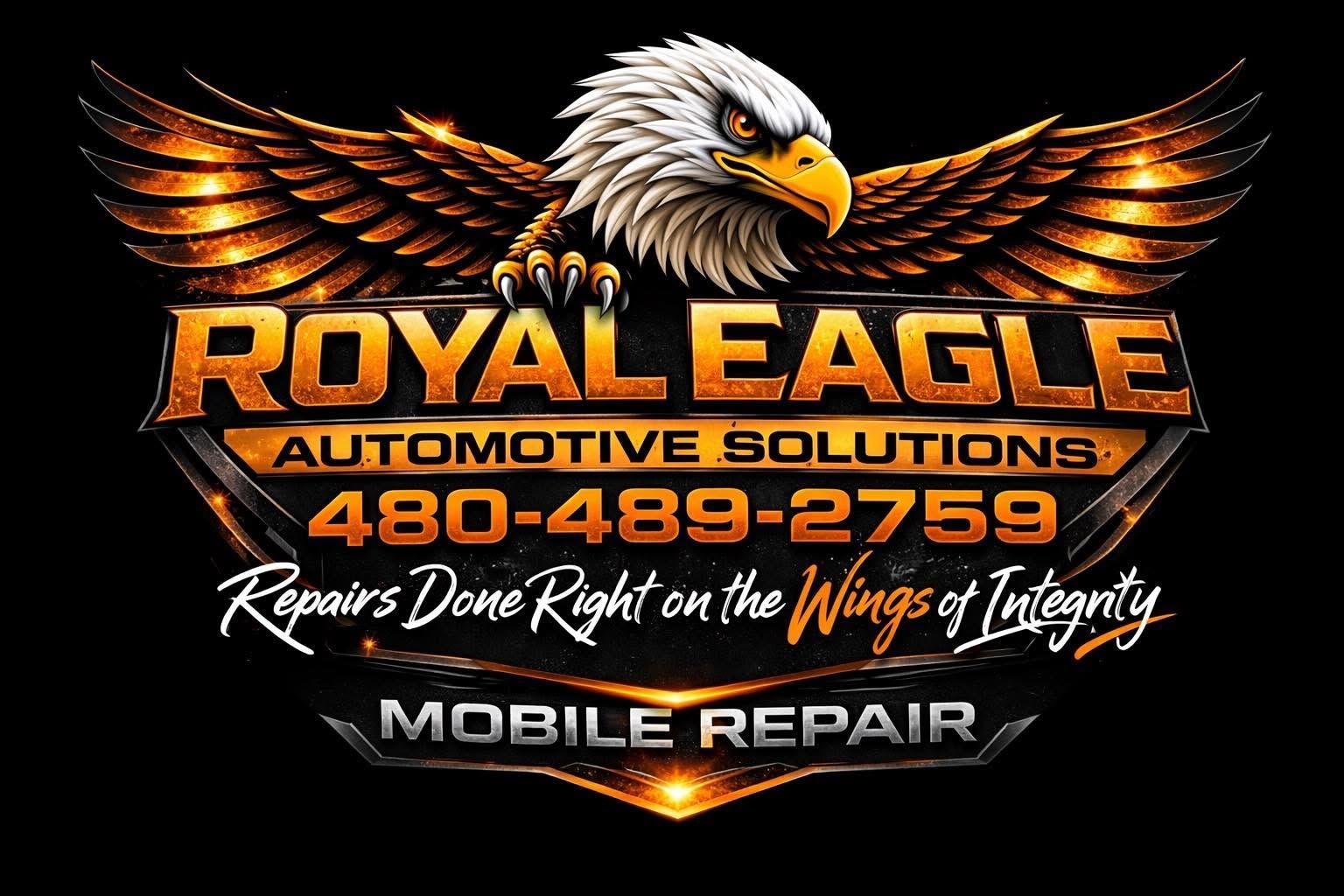 Royal Eagle Automotive Solutions logo with eagle, wings, phone number, and mobile repair text on black background