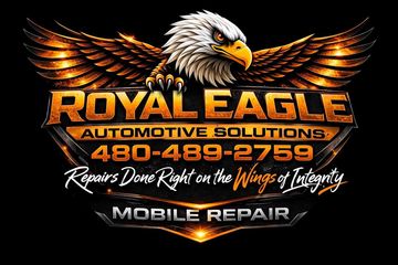 Royal Eagle Automotive Solutions logo with eagle, wings, phone number, and mobile repair text on black background