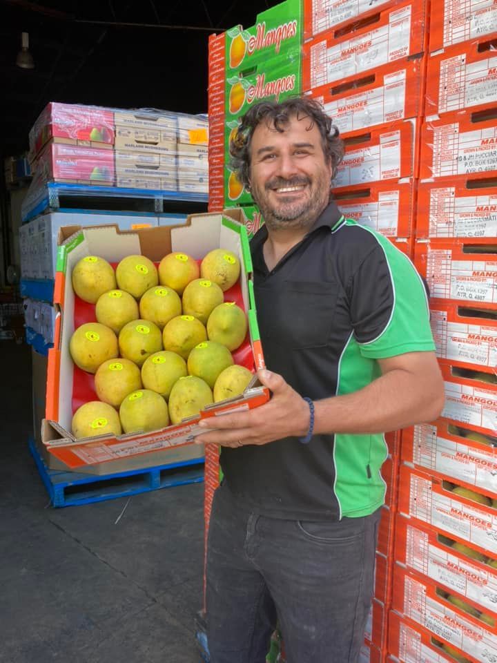 A Man In A Green Shirt Is Holding A Box Of Fruit — Start Fresh Fruit Market in Bundaberg Central QLD