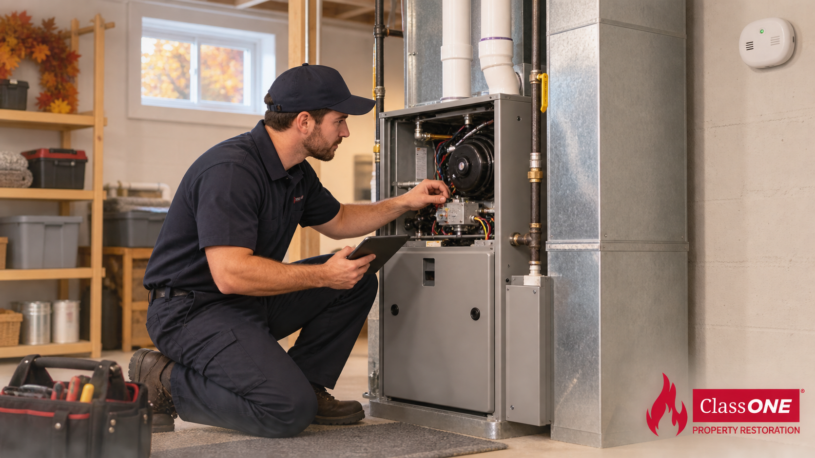 HVAC technician inspecting a residential furnace before winter, with ClassONE Property Restoration