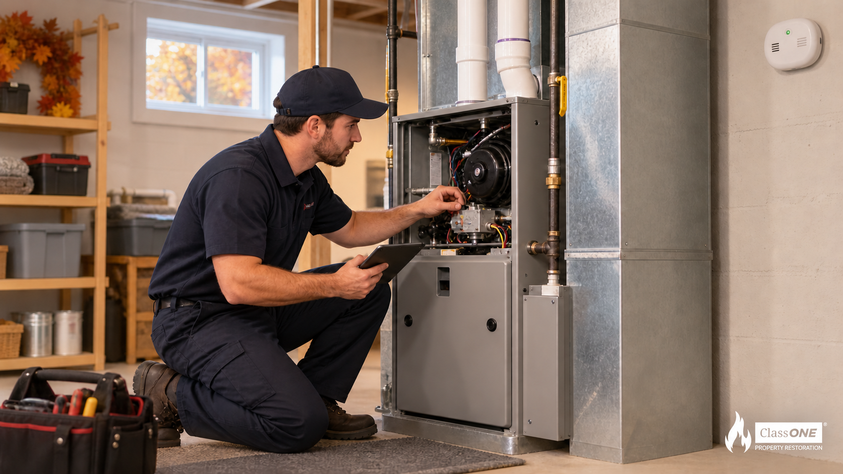 HVAC technician inspecting a residential furnace before winter, with ClassONE Property Restoration