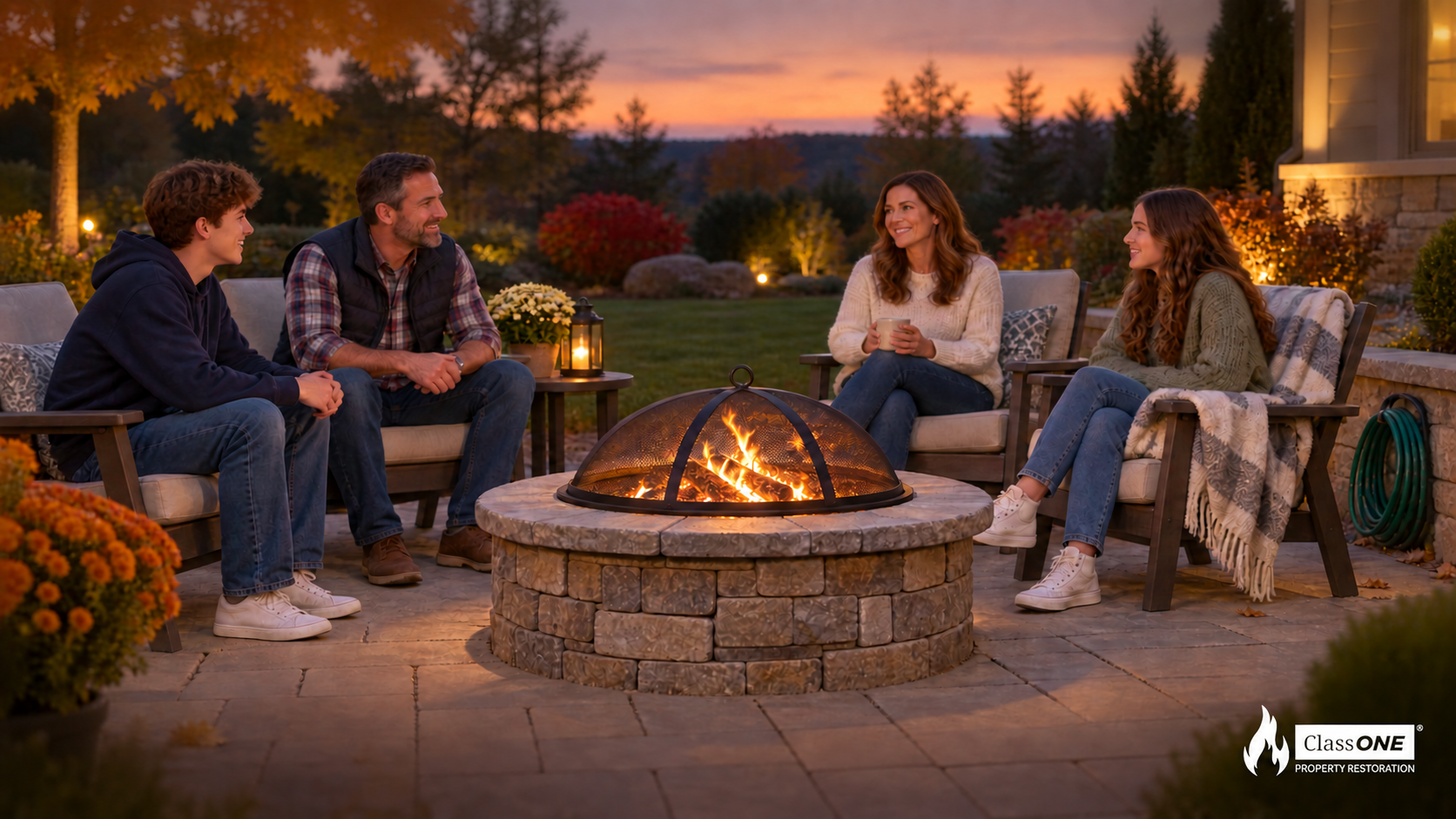 Family gathered at a safely positioned backyard fire pit with a spark screen and the ClassONE Proper