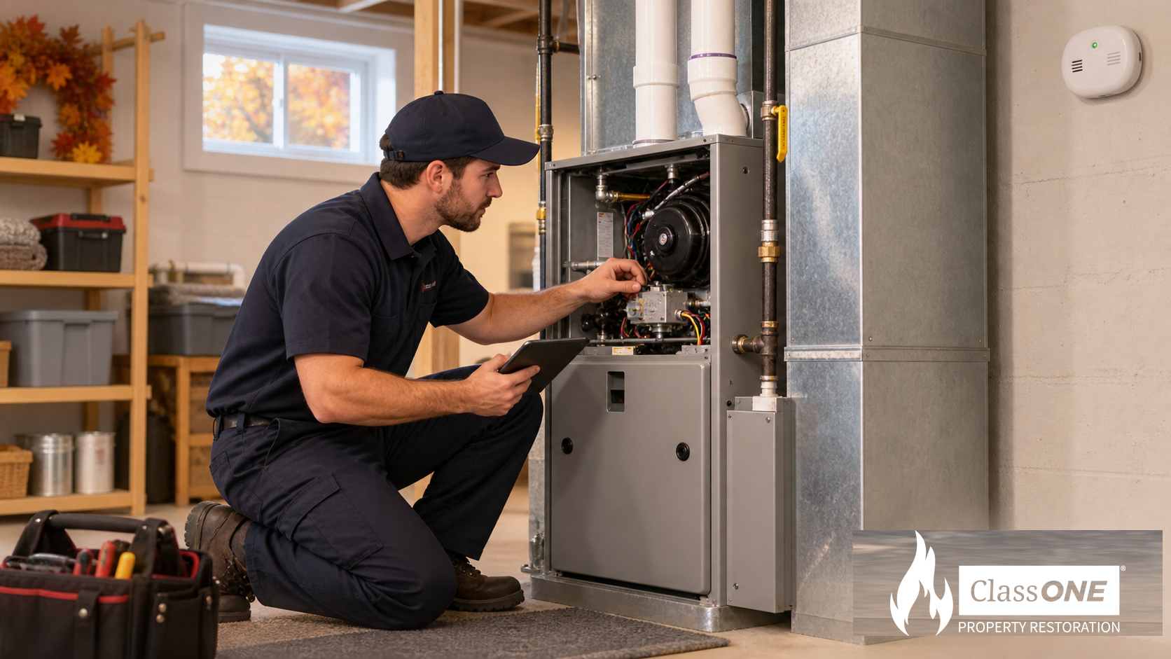 HVAC technician inspecting a residential furnace before winter, with ClassONE Property Restoration