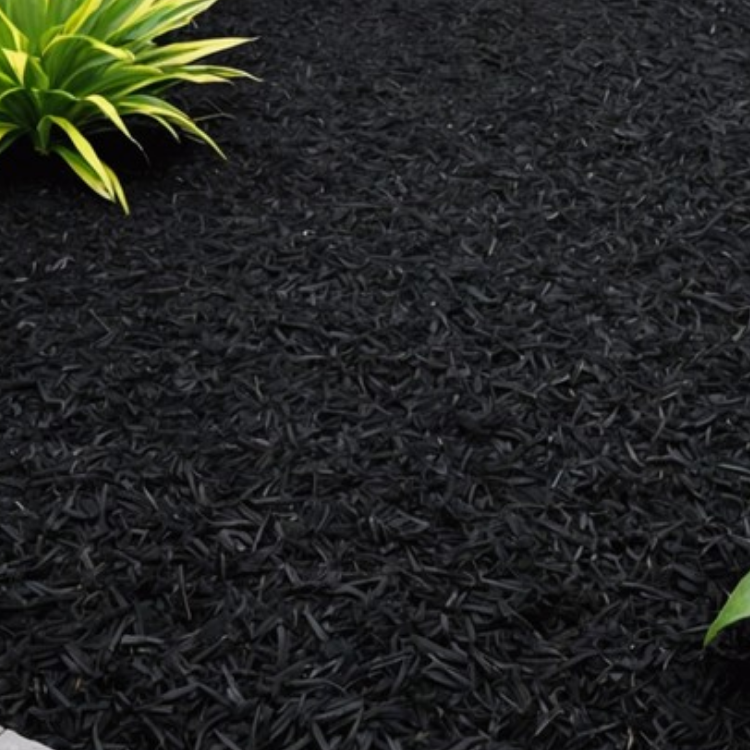 Black mulch ground cover with green ornamental plants at the edges