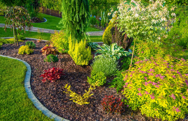 Curved garden bed with colorful shrubs and flowers beside a green lawn and path
