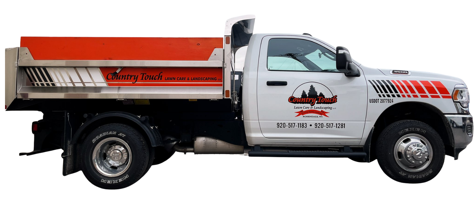 White and orange utility truck with an open dump bed, viewed from the side