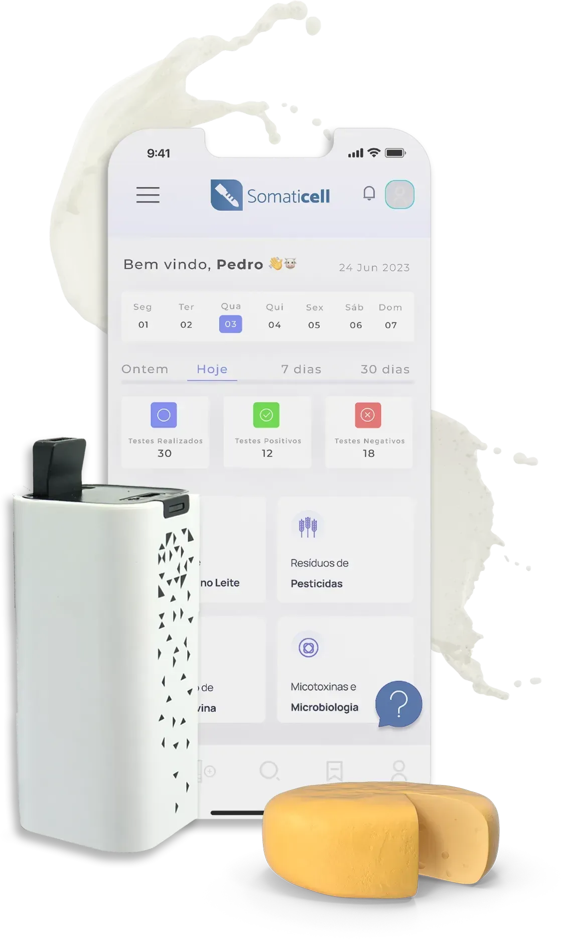 Tela de aplicativo de smartphone ao lado de um dispositivo inteligente branco e duas cápsulas amarelas em um fundo claro.
