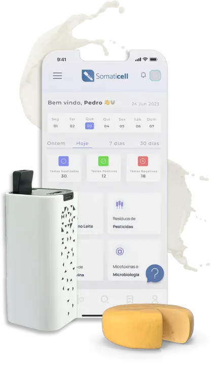 Tela de aplicativo de smartphone ao lado de um purificador de ozônio compacto branco e uma fatia de fruta amarela.