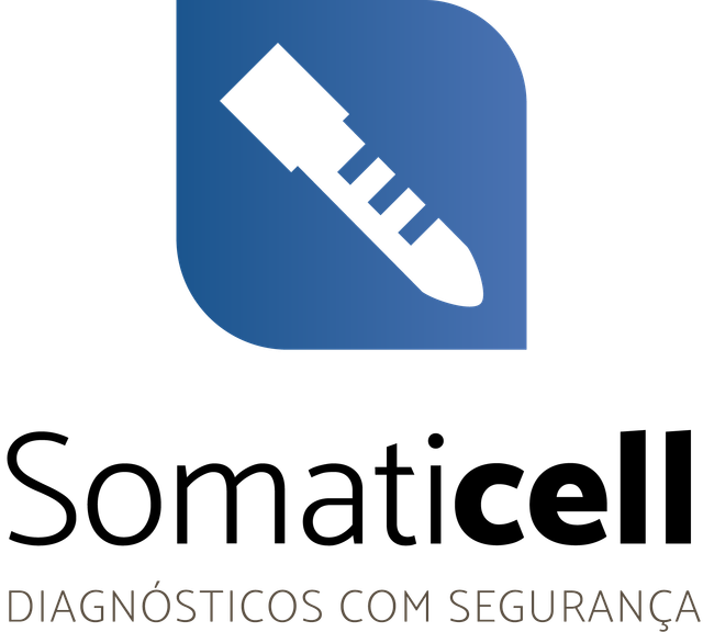 Somaticell logo with blue icon and text “Somaticell Diagnósticos com Segurança”