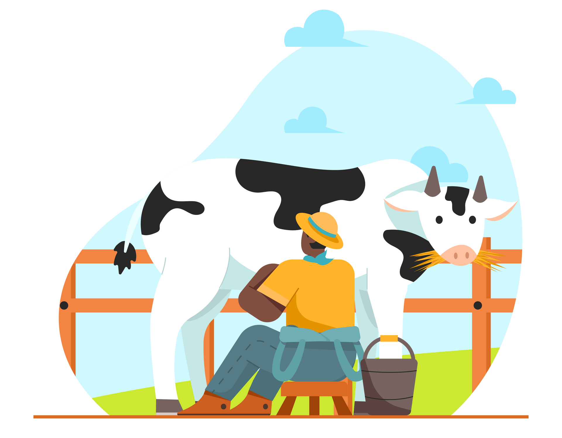 Fazendeiro ordenhando uma vaca preta e branca ao lado de um balde em um campo ensolarado com céu azul.