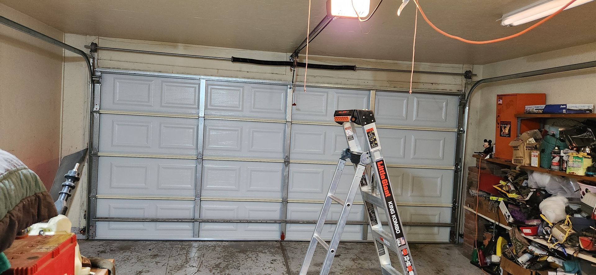A garage with a garage door open and a ladder in it.