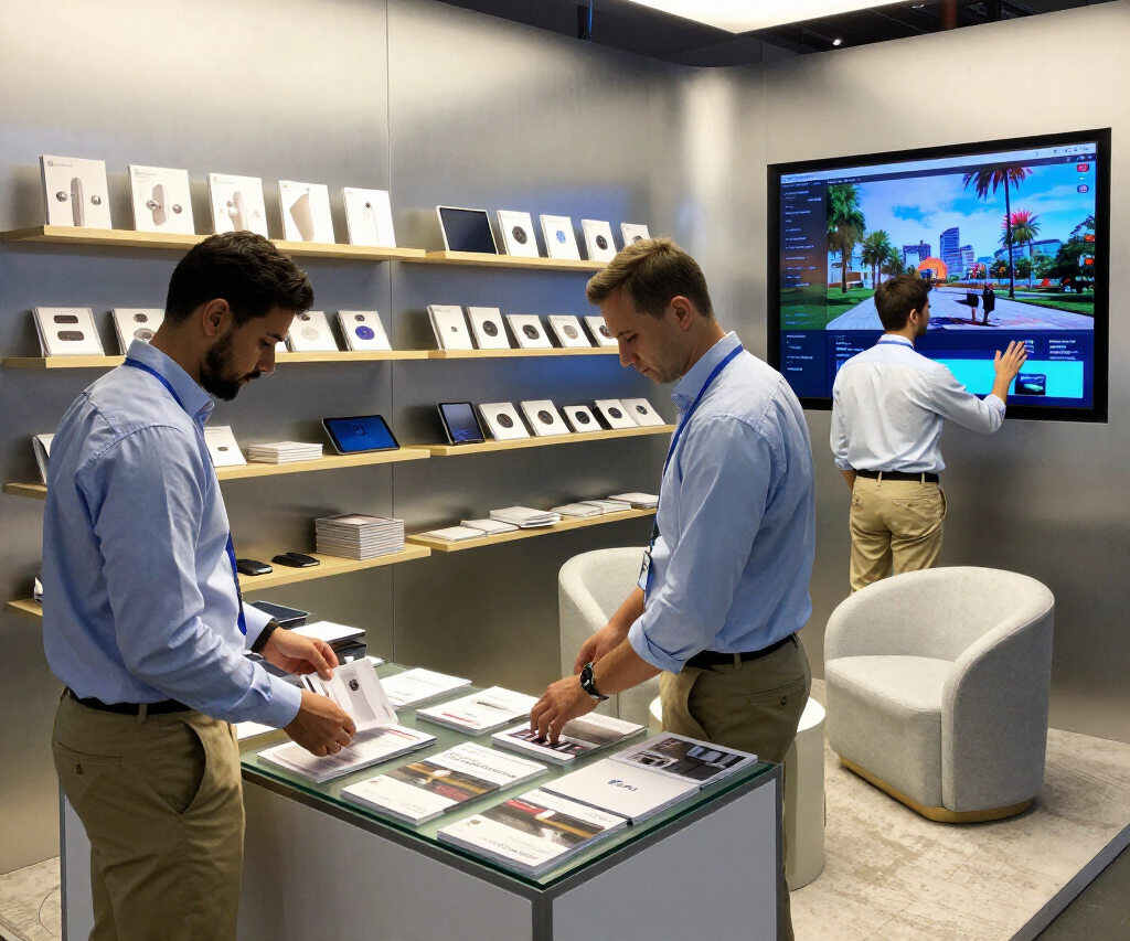 Two men in blue shirts browsing tablets in a modern electronics store with display shelves and a TV screen.