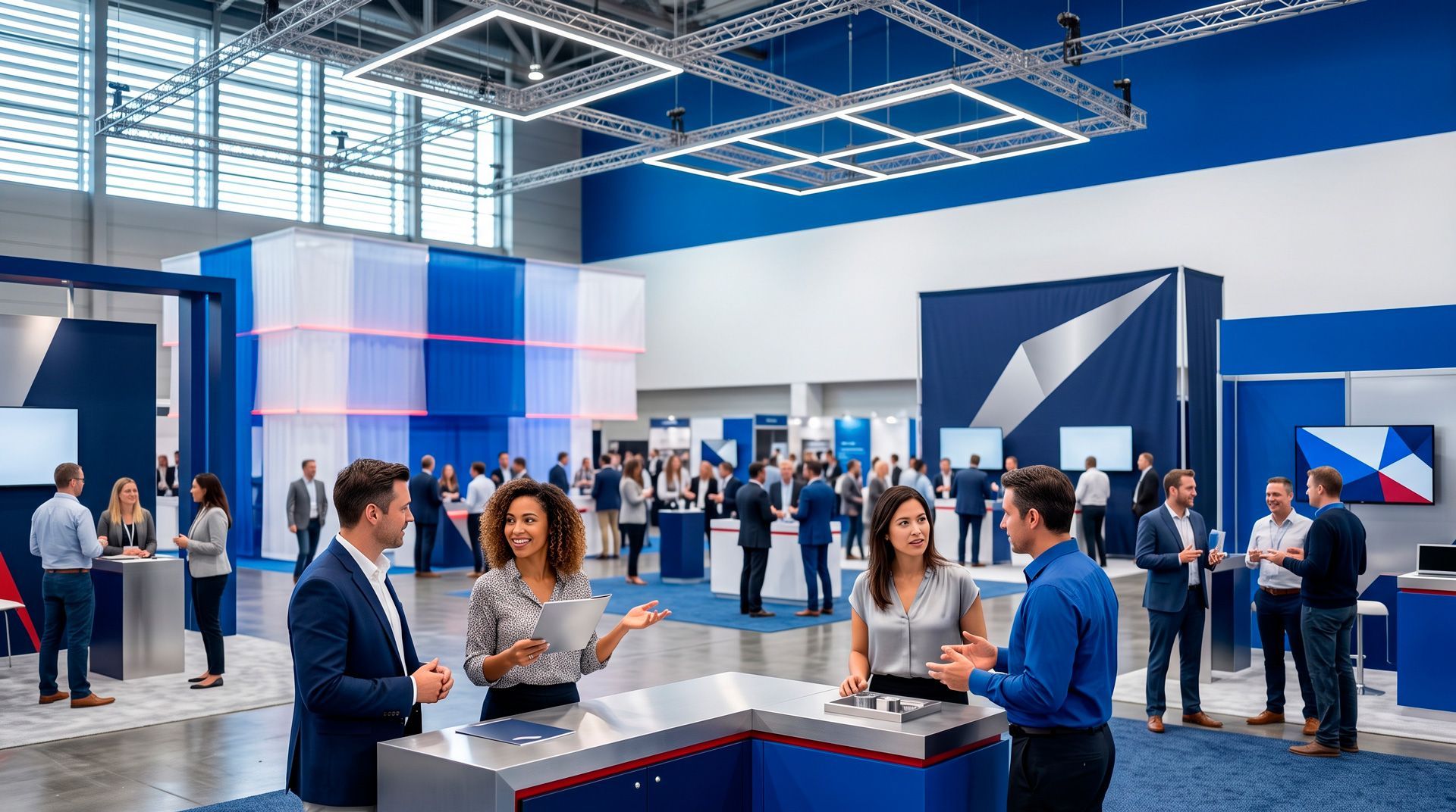 People mingling in a modern trade show booth with blue-and-white displays and screens