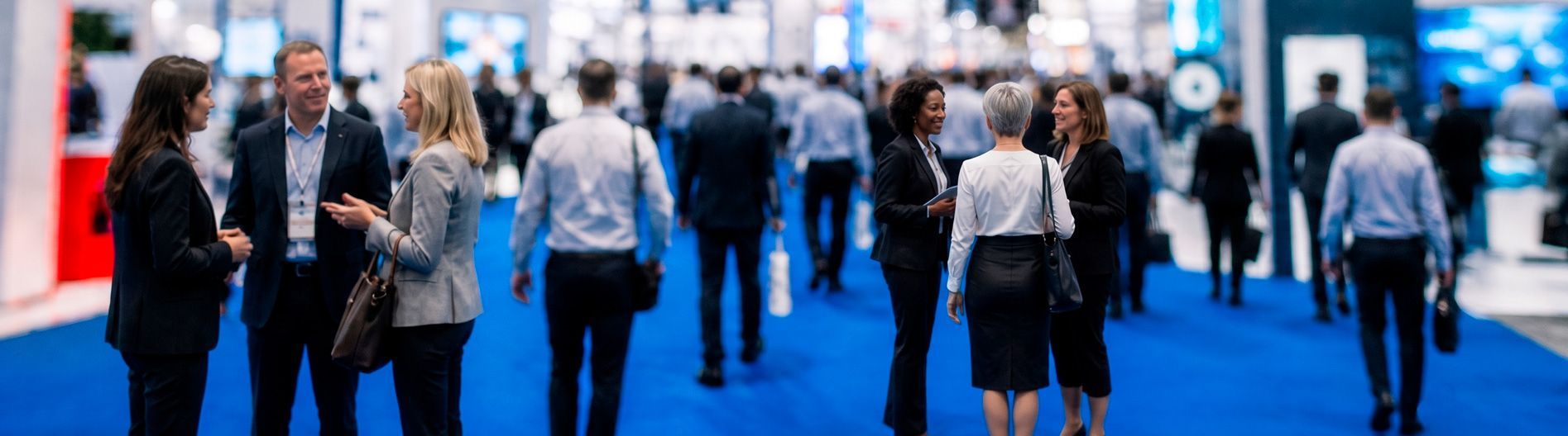 Crowd walking through a blue-carpeted trade show hall with bright booth lights