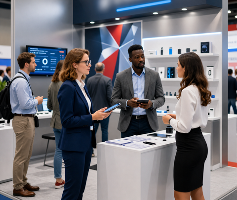 People networking at a tech expo booth, discussing product displays in a modern conference hall.