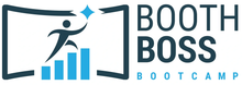 Booth Boss Bootcamp logo with a stylized figure, upward bars, and blue and black text