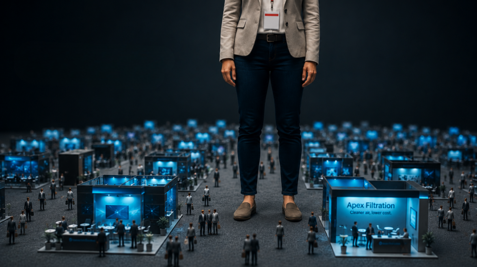Picture of very tall woman standing over trade show booths