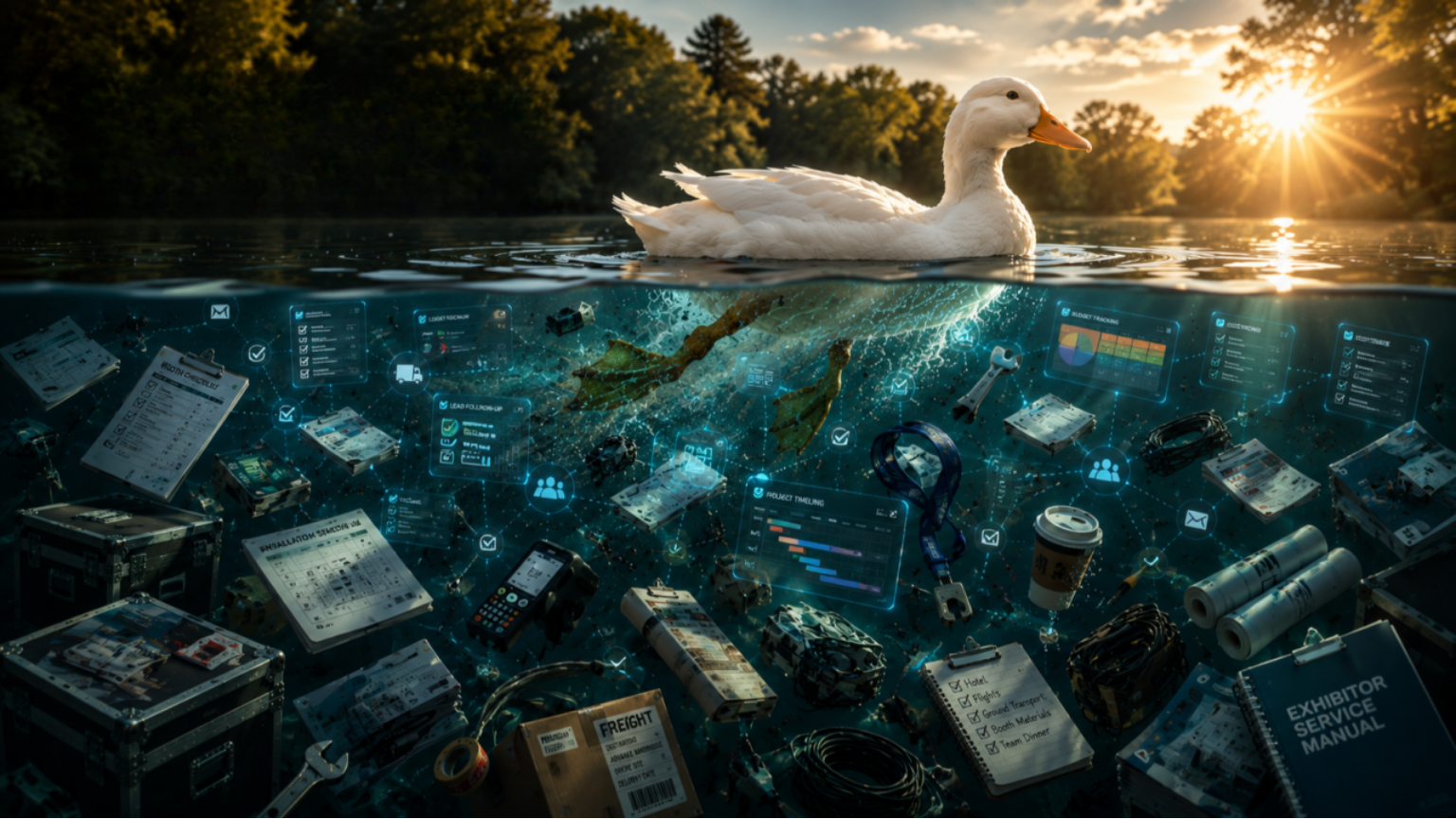 Image of a swan floting on the water with a bunch of tech underwaer