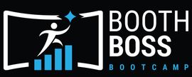 Booth Boss Bootcamp logo with rising bars, a figure inside an open book, and white and blue text on black background