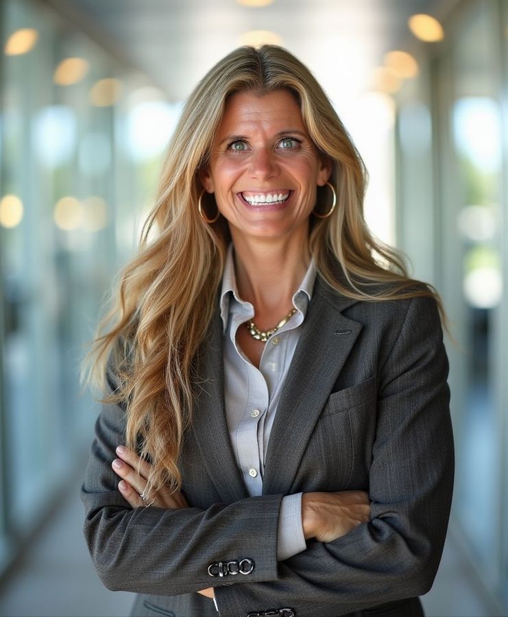 Smiling professional in a gray blazer with arms crossed in a bright office hallway