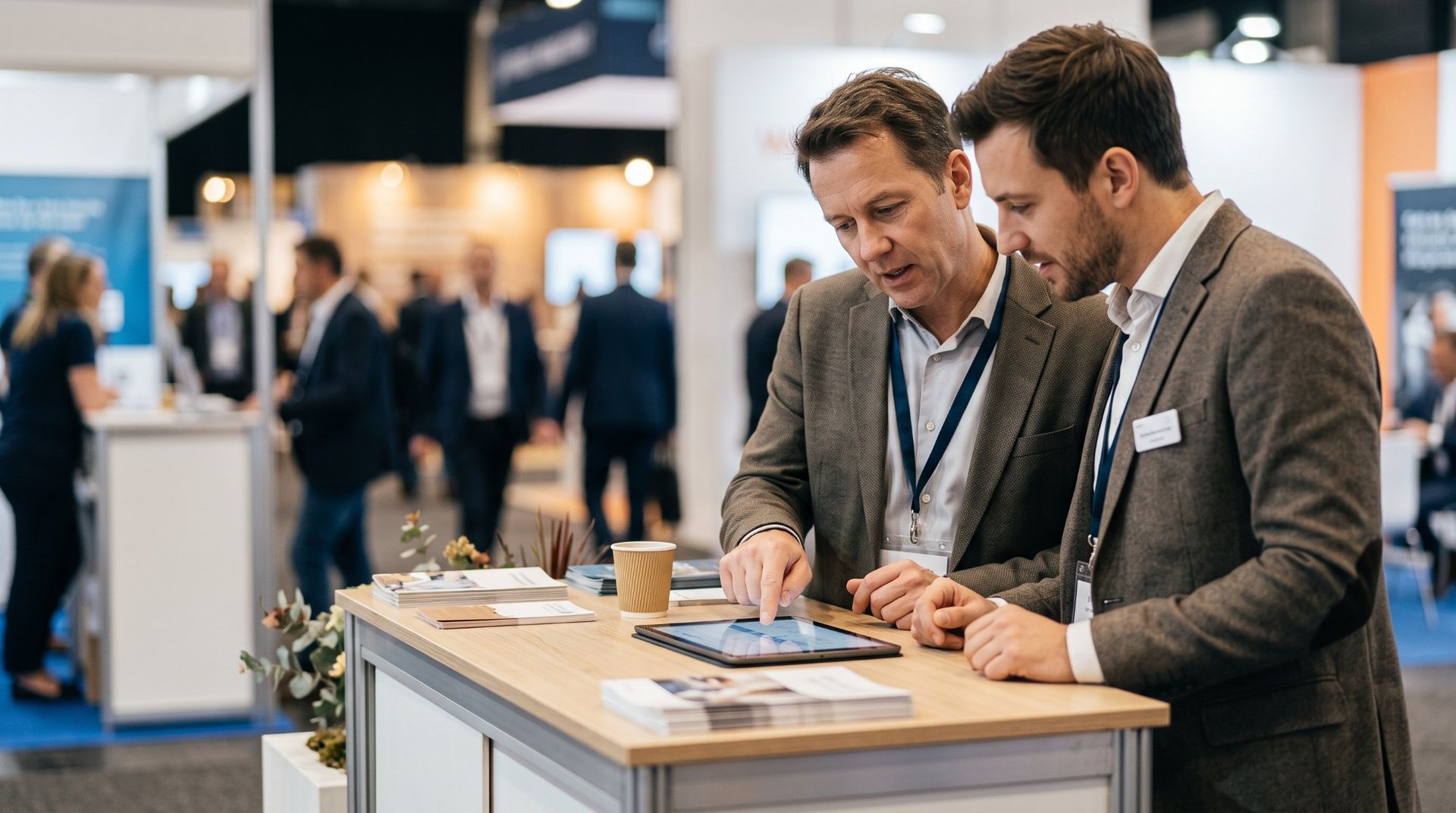 Trade show booth representative listening as an attendee explains their needs on a tablet during a lead qualification conversation