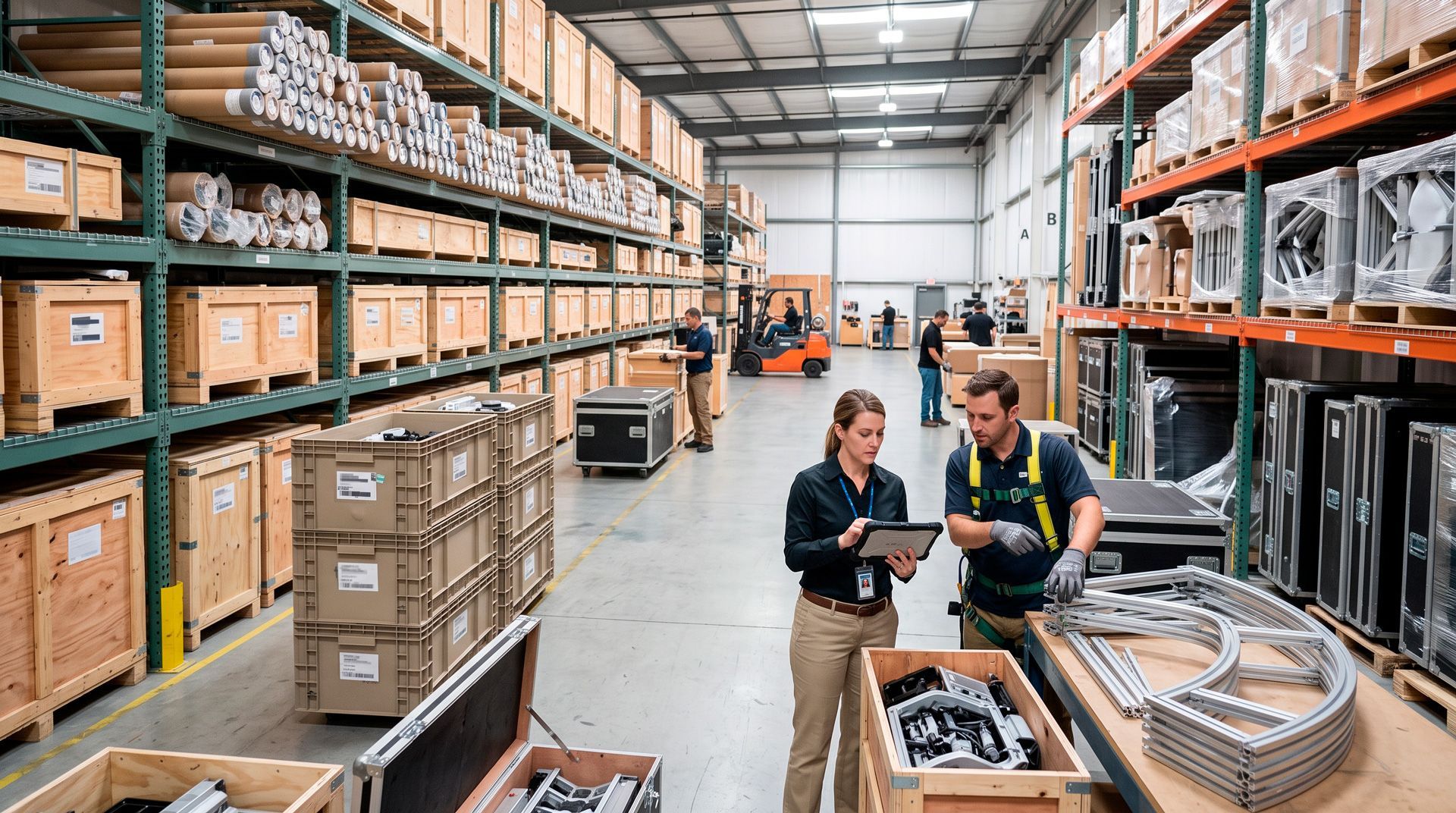 Project manager and technician inspecting stored trade show booth components in an exhibit house warehouse
