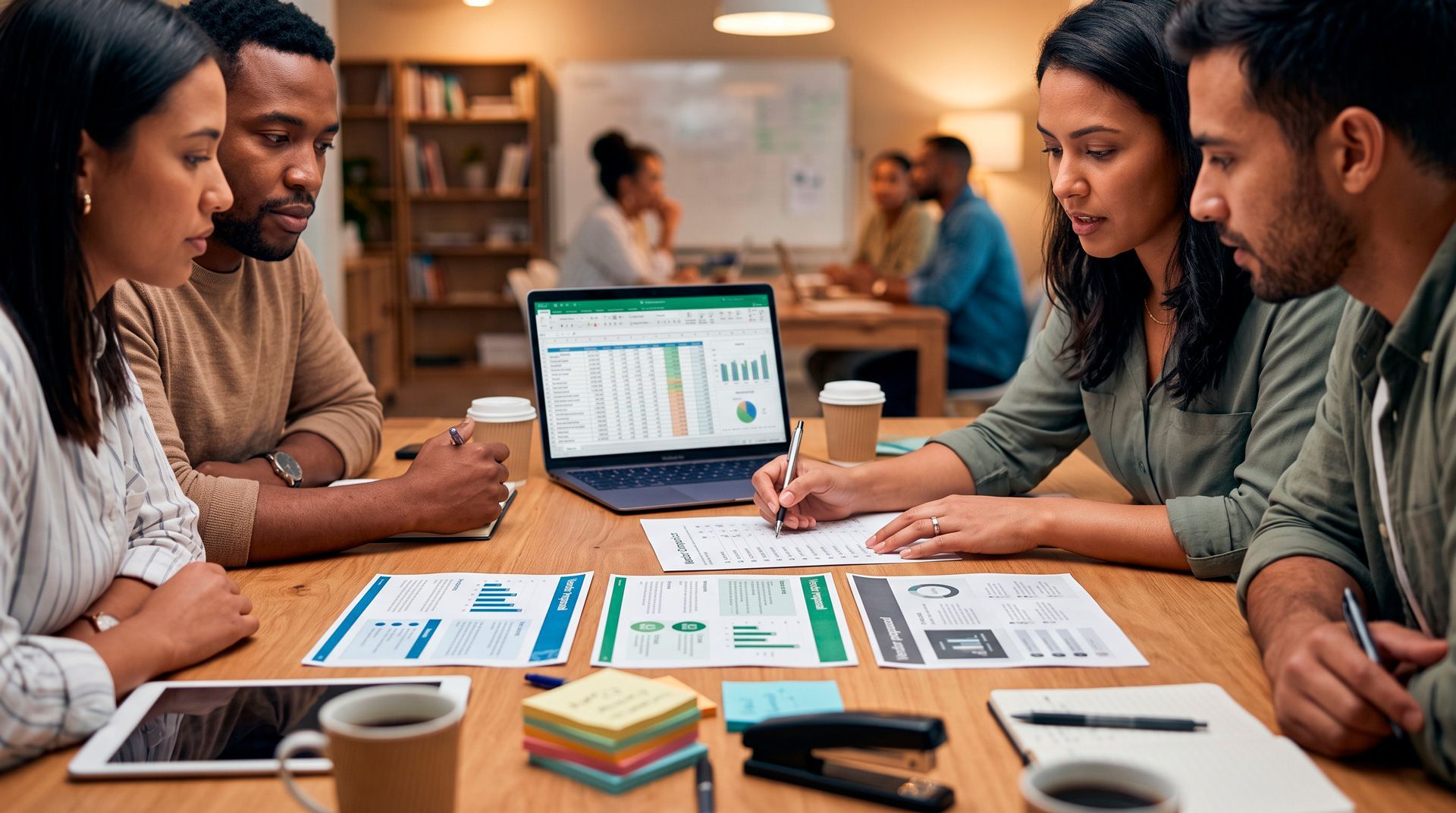 Marketing team reviewing charts and notes around a laptop while comparing exhibit house proposals